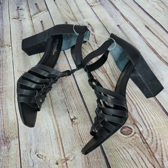 Charles by Charles David 10M Black Leather Caged Black Heel Open Toe Sandals - Picture 4 of 9